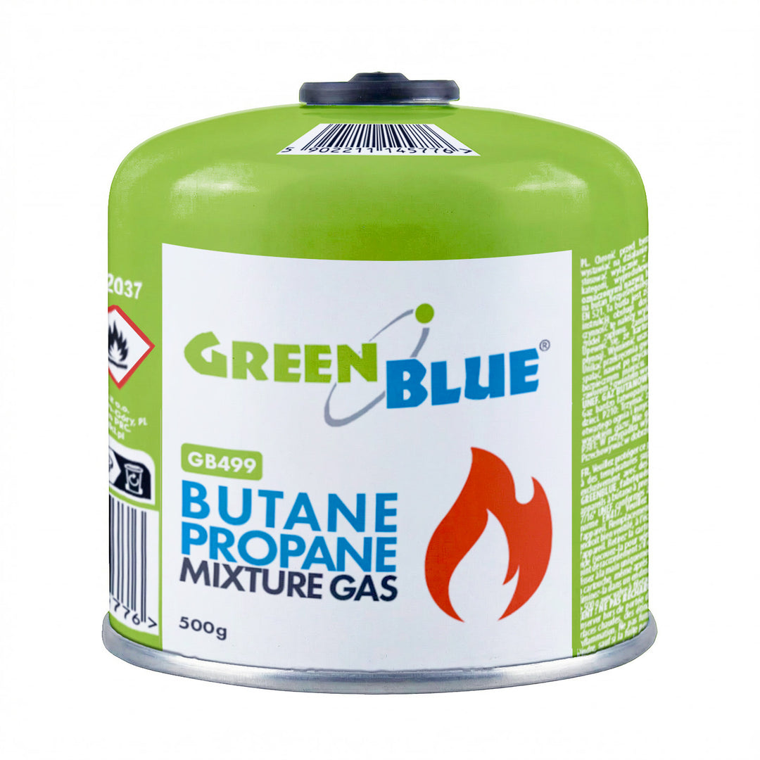 8 x 500g GreenBlue gas cartridges. Certification: Pi 0437, compliant with EN 417, butane-propane, operating temperature range: -10°C to +40°C, 7/16'' threaded valve GB499