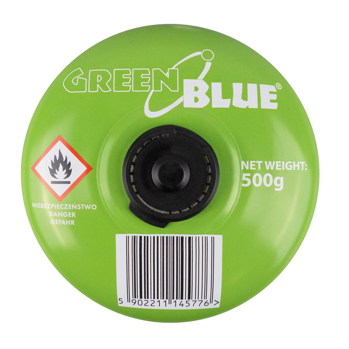 8 x 500g GreenBlue gas cartridges. Certification: Pi 0437, compliant with EN 417, butane-propane, operating temperature range: -10°C to +40°C, 7/16'' threaded valve GB499