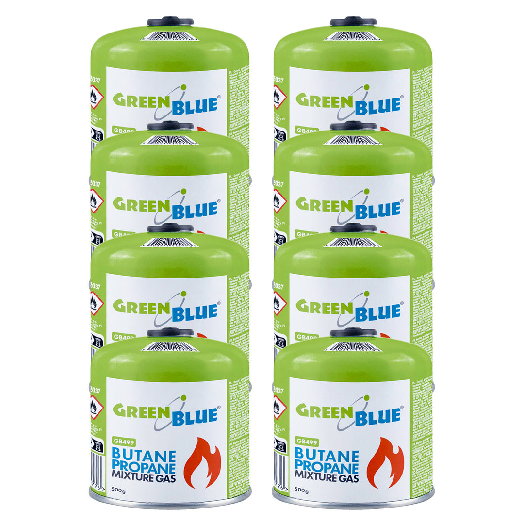 8 x 500g GreenBlue gas cartridges. Certification: Pi 0437, compliant with EN 417, butane-propane, operating temperature range: -10°C to +40°C, 7/16'' threaded valve GB499