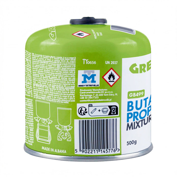 10 x 500g GreenBlue gas cartridges. Certification: Pi 0437, compliant with EN 417, butane-propane, operating temperature range: -10°C to +40°C, 7/16'' threaded valve GB499