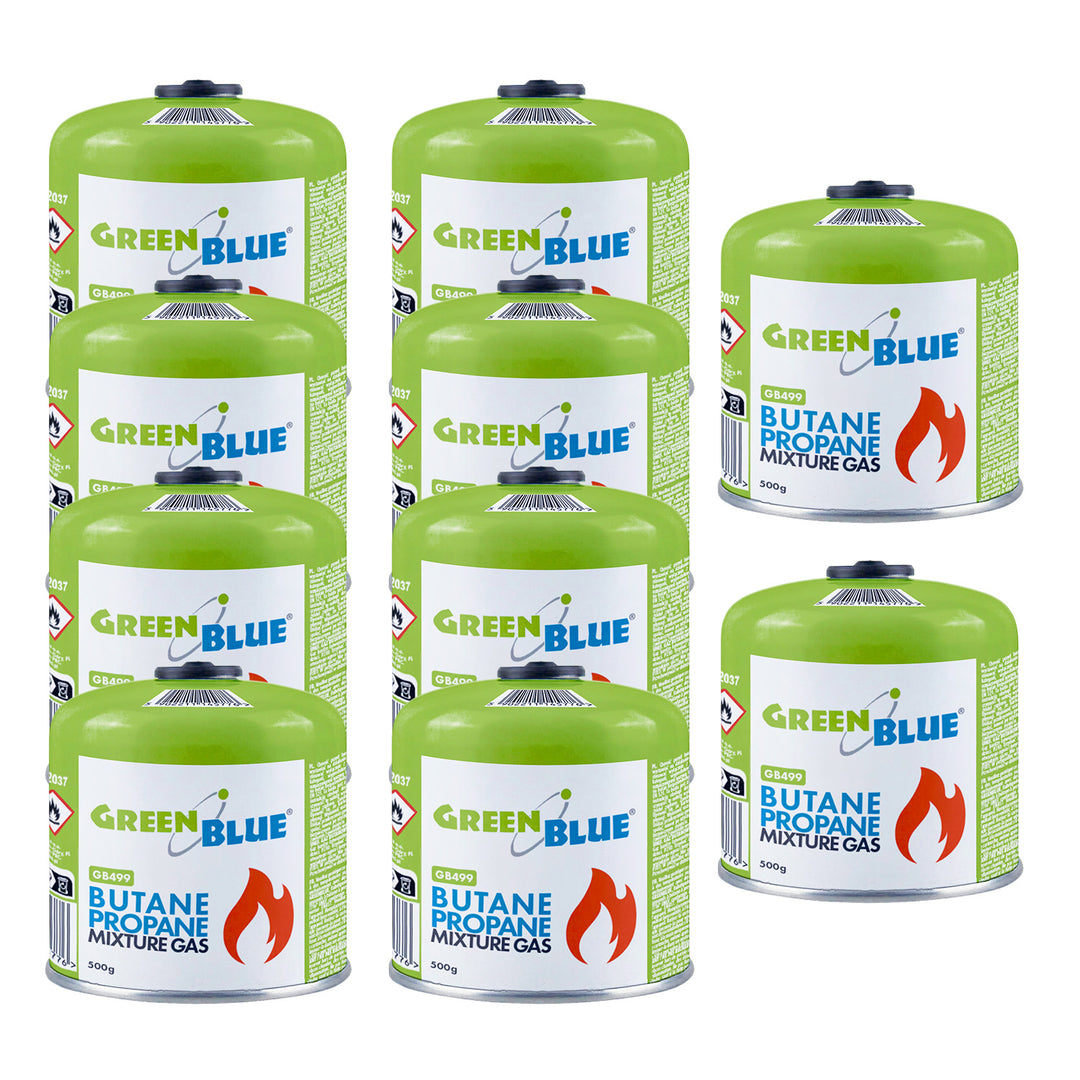 10 x 500g GreenBlue gas cartridges. Certification: Pi 0437, compliant with EN 417, butane-propane, operating temperature range: -10°C to +40°C, 7/16'' threaded valve GB499