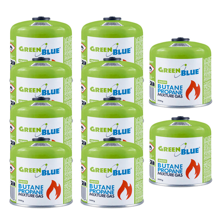 10 x 500g GreenBlue gas cartridges. Certification: Pi 0437, compliant with EN 417, butane-propane, operating temperature range: -10°C to +40°C, 7/16'' threaded valve GB499