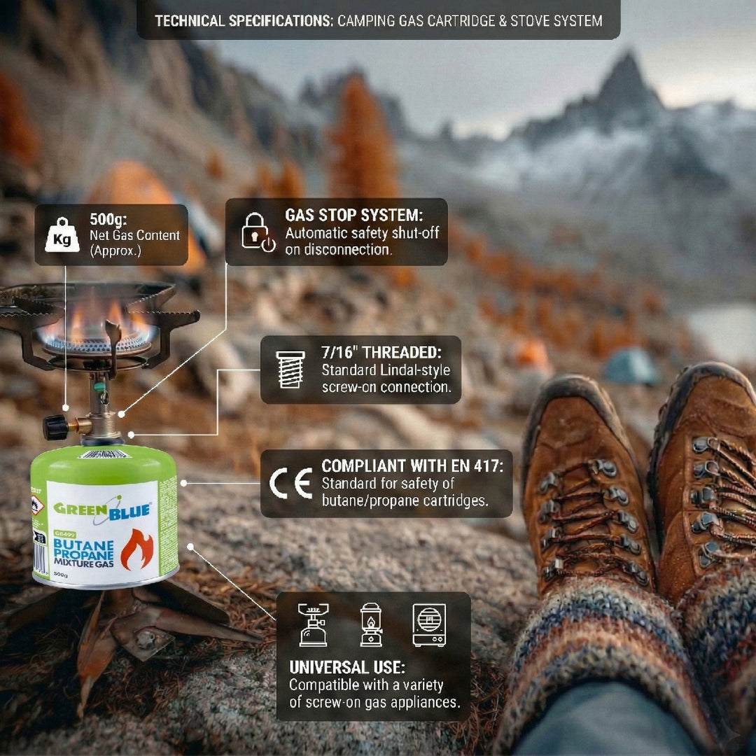 12 x 500g GreenBlue gas cartridges. Certification: Pi 0437, compliant with EN 417, butane-propane, operating temperature range: -10°C to +40°C, 7/16" threaded valve GB499