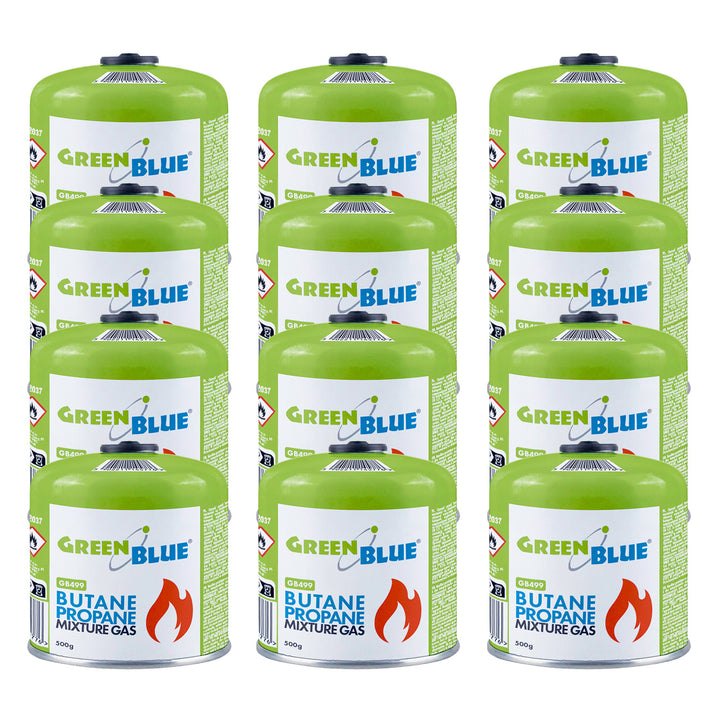 12 x 500g GreenBlue gas cartridges. Certification: Pi 0437, compliant with EN 417, butane-propane, operating temperature range: -10°C to +40°C, 7/16" threaded valve GB499