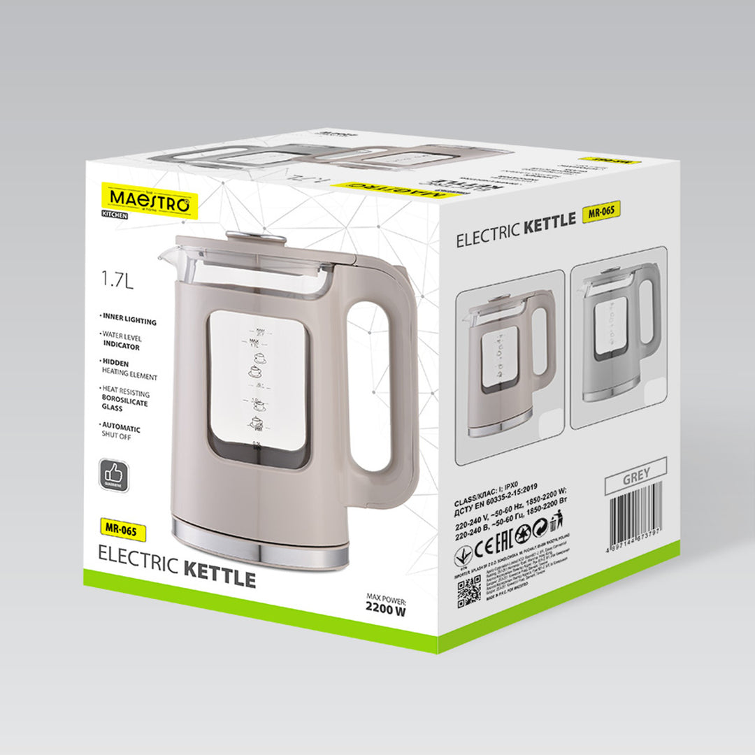 Maestro Glass Electric Kettle, 1.7 L capacity, 2200 W power, water level indicator, LED backlight, swivel base, beige, MR-065-BEIGE