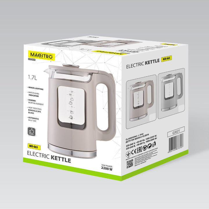 Maestro Glass Electric Kettle, 1.7 L capacity, 2200 W power, water level indicator, LED backlight, swivel base, beige, MR-065-BEIGE