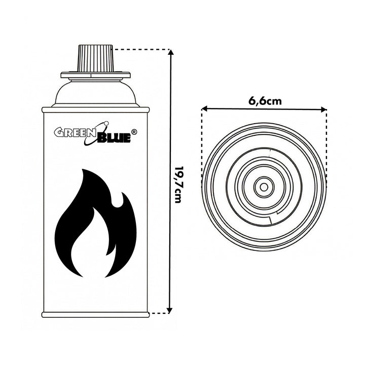 56x GreenBlue 227g gas cartridge. Certification: Pi 0875, compliant with EN 417, butane, operating range: -10°C to +40°C, GB227