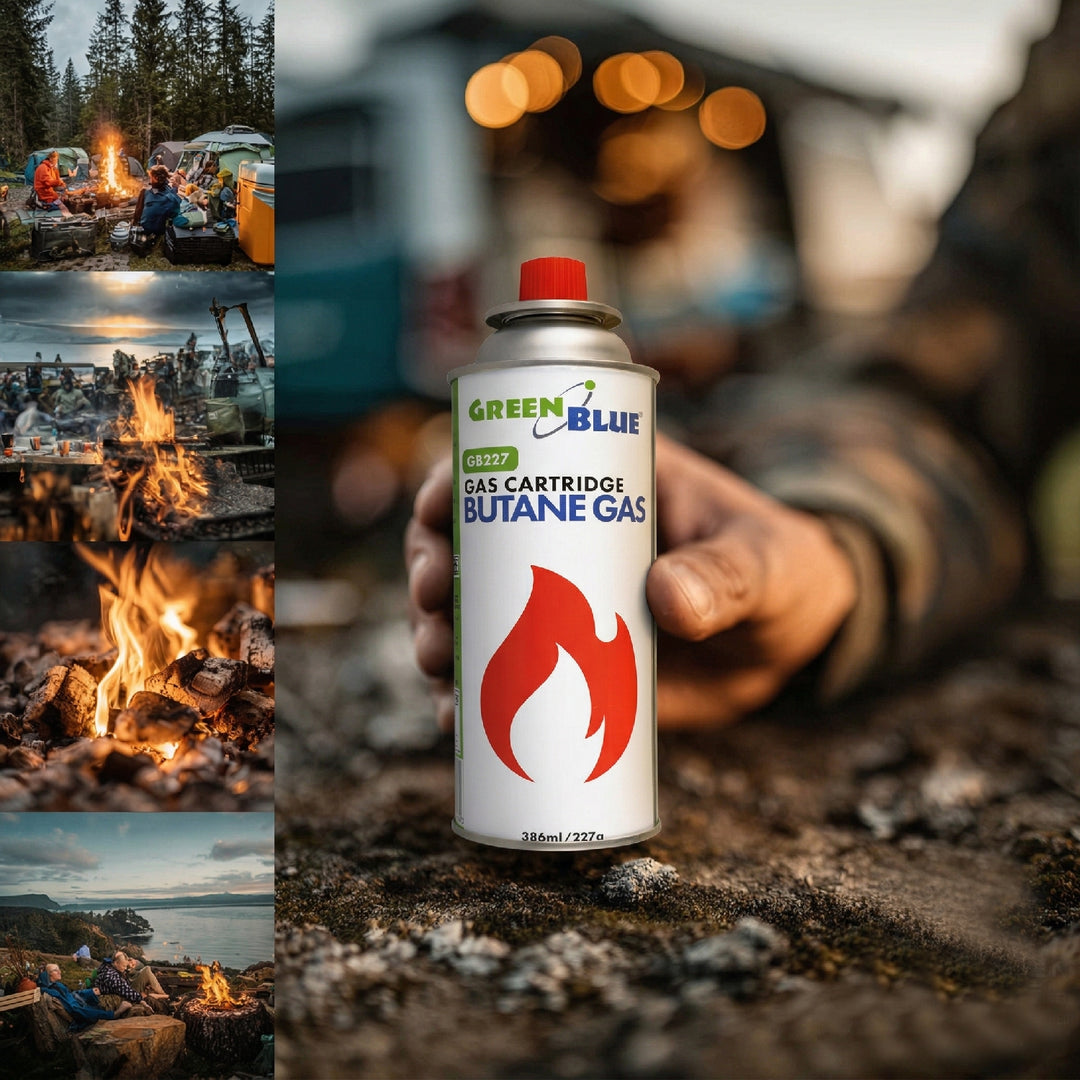 56x GreenBlue 227g gas cartridge. Certification: Pi 0875, compliant with EN 417, butane, operating range: -10°C to +40°C, GB227
