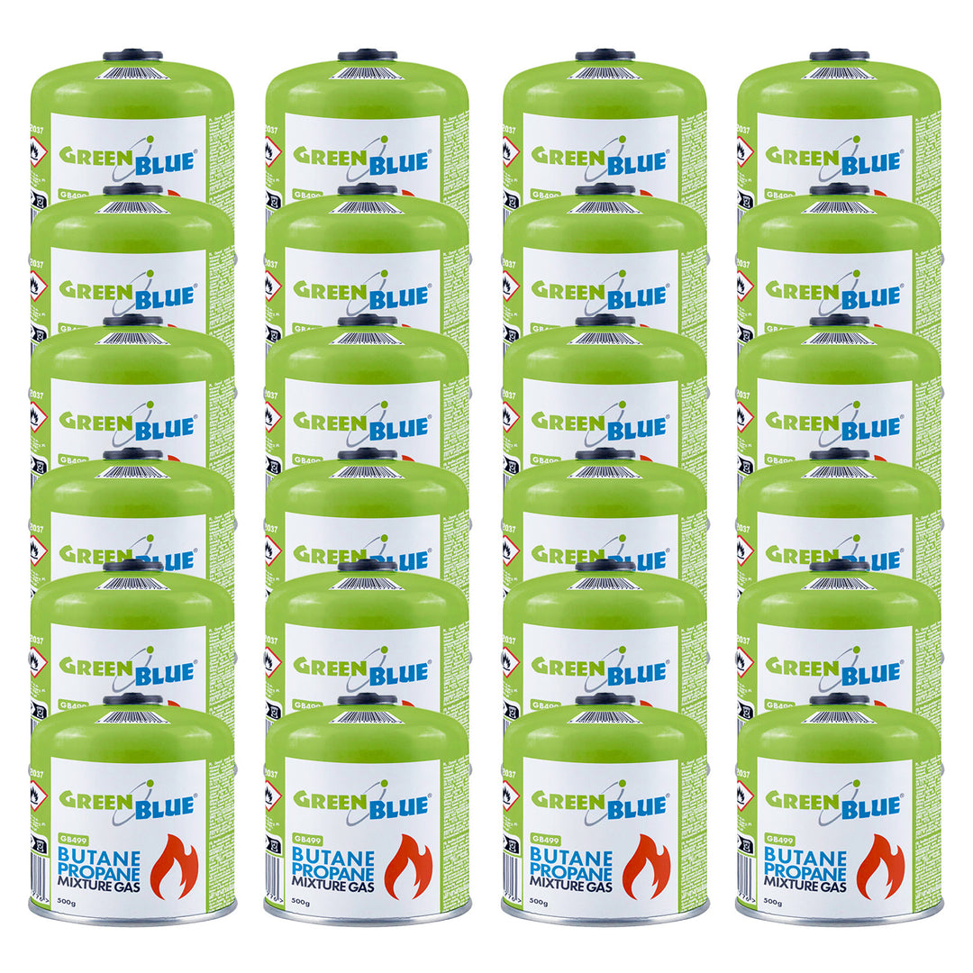 24 x 500g GreenBlue gas cartridges. Certification: Pi 0437, compliant with EN 417, butane-propane, operating temperature range: -10°C to +40°C, 7/16" threaded valve GB499