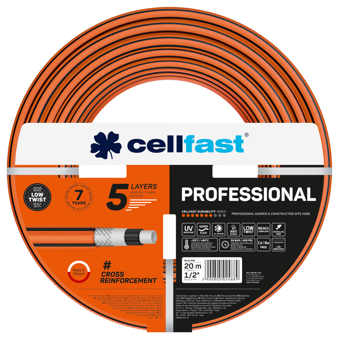 Cellfast Professional Garden Hose, 1/2-inch diameter, 20-meter length, 5-layer construction