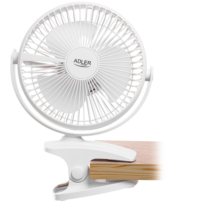 Desk fan with clip, rechargeable, 15.5 cm, 360° rotation, USB-C, Adler