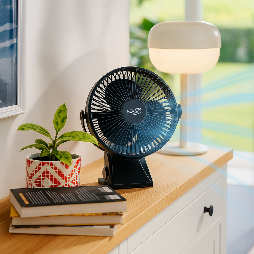 Desk fan with clip, rechargeable, 15.5 cm, 360° rotation, USB-C, Adler