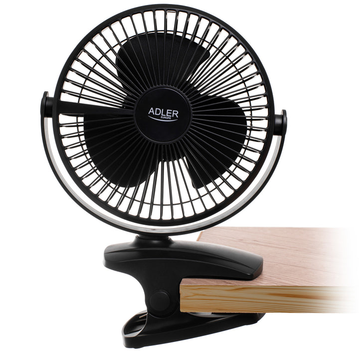 Desk fan with clip, rechargeable, 15.5 cm, 360° rotation, USB-C, Adler