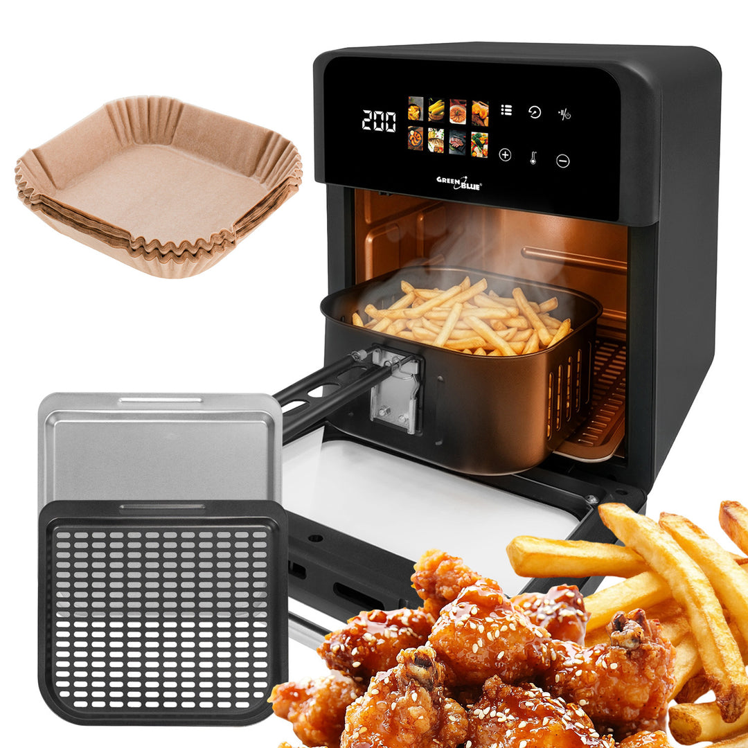 GreenBlue AIR FRYER Oil-Free Air Fryer, 1800W, 10L capacity, 8 programs, accessories, timer, GB950 + 100 16cm paper liners