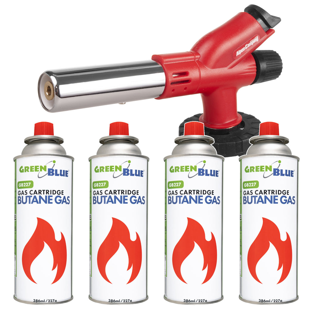 Alpen Camping cartridge burner, flame temperature 1300°C, piezo ignition, flame adjustment, ETNA + 4x 227g GreenBlue gas cartridges. Certification: Pi 0875, compliant with EN417