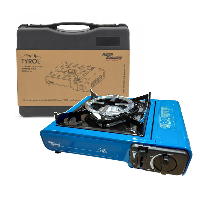 Alpen Camping camping stove, power: 2.0 kW, gas consumption: 146 g/h, piezoelectric ignition, TYROL+ 4x 227 g GreenBlue gas cartridges. Certification: Pi 0875, compliant with EN 417