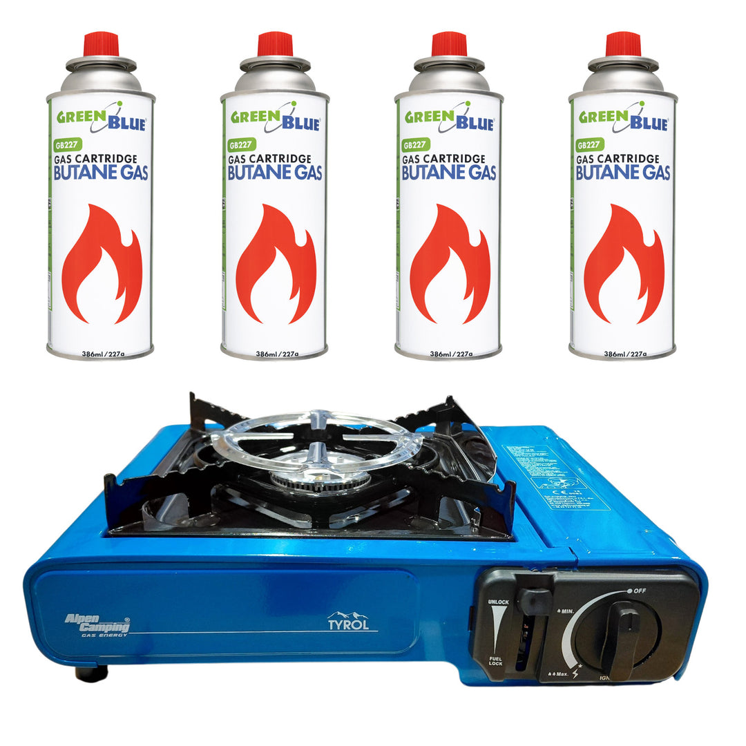 Alpen Camping camping stove, power: 2.0 kW, gas consumption: 146 g/h, piezoelectric ignition, TYROL+ 4x 227 g GreenBlue gas cartridges. Certification: Pi 0875, compliant with EN 417