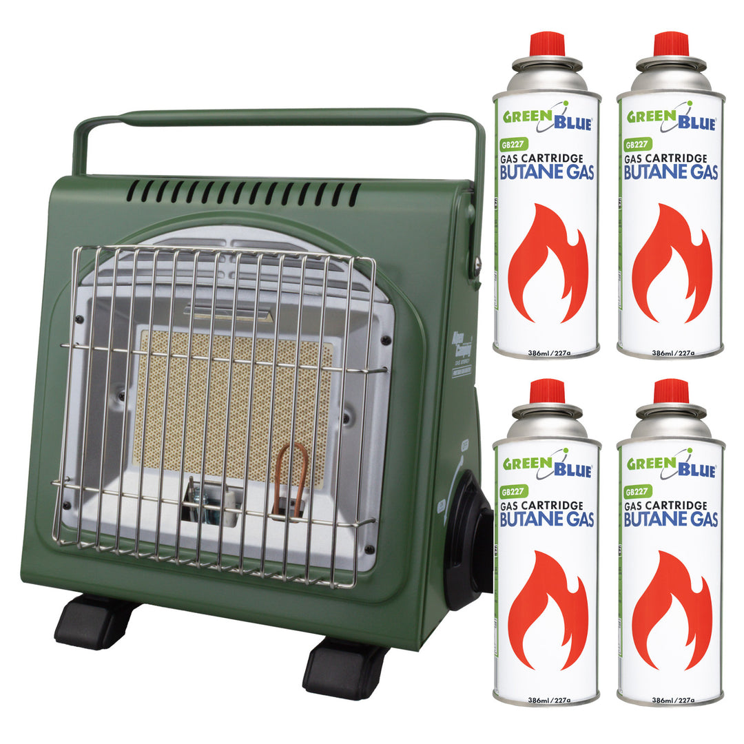 Alpen Camping portable gas stove, 2-in-1, gas consumption 124 g/h, piezoelectric ignition, ICELAND IK-1000 PRO+ 4x 227 g GreenBlue gas cartridges. Certification: Pi 0875, compliant with EN 417