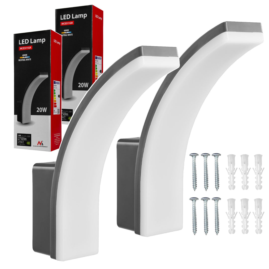 Maclean LED Light, Gray, 20W, IP65, 2750 lm, Neutral White (4000K) MCE511 GR, 2 pieces
