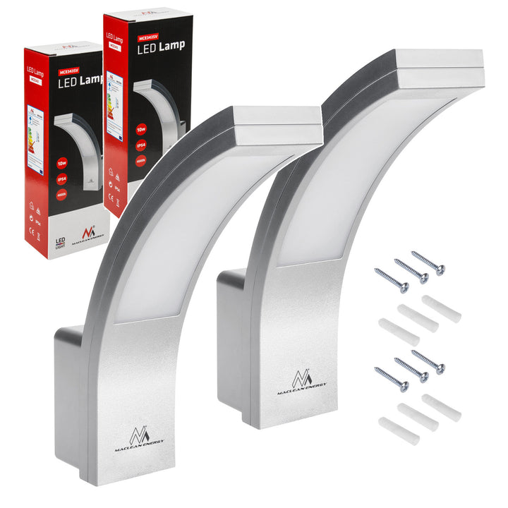 Maclean LED Facade Light, 800 lm, IP54, 10 W, natural white (4000 K), silver, MCE343 SV, 2 pieces
