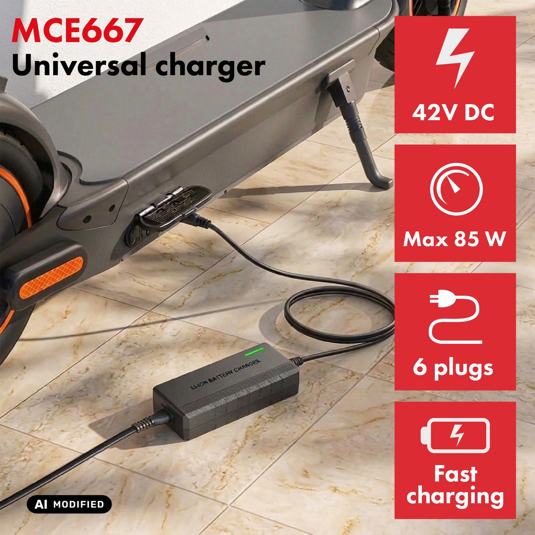 Maclean Energy Universal Charger / Power Supply, for scooters, 42V DC, 2A, Max 85W, Fast Charging, 6 plugs, MCE667