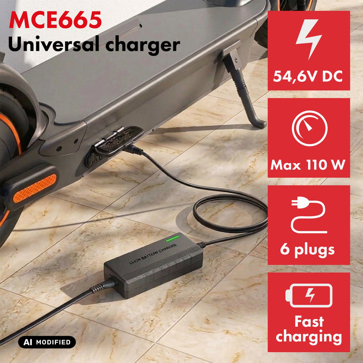 Maclean Energy Universal Charger/Power Supply for Scooters, 54.6V DC, 2A, Max 110W, Fast Charging, 6 Plugs, MCE665