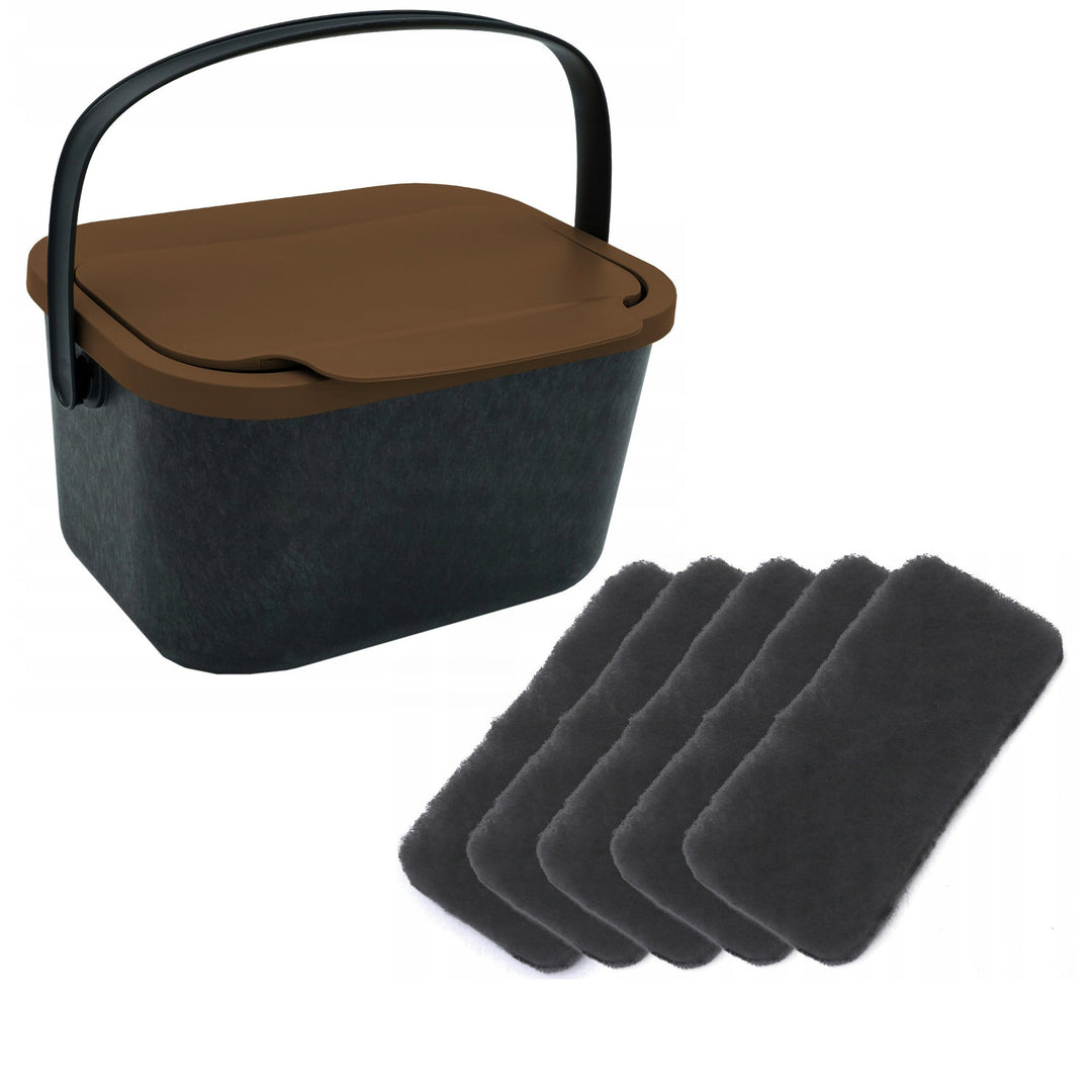 Organic waste bin, 4.5-liter capacity, black with a brown lid, Mini Bini + 5 Practic charcoal filters