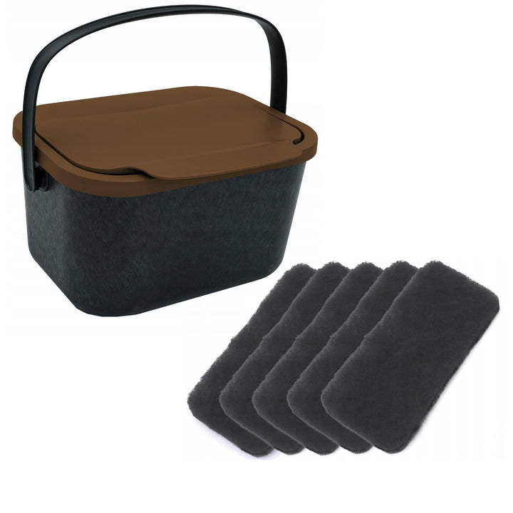 Organic waste bin, 4.5-liter capacity, black with a brown lid, Mini Bini + 5 Practic charcoal filters