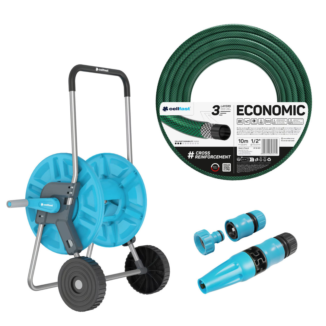 Cellfast Aluplus 1/2" 60m Hose Cart + Cellfast Economic 1/2" 10m Garden Hose + Set with Cellfast Basic 1/2" Straight Sprinkler