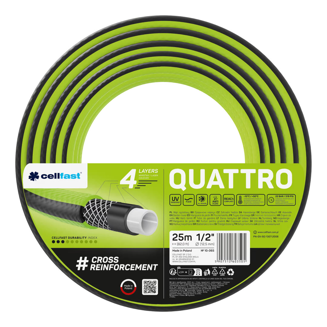 Cellfast Aluplus 1/2" 60m Hose Cart + Cellfast Quattro 1/2" 25m Garden Hose + Set with Cellfast Basic 1/2" Straight Sprinkler