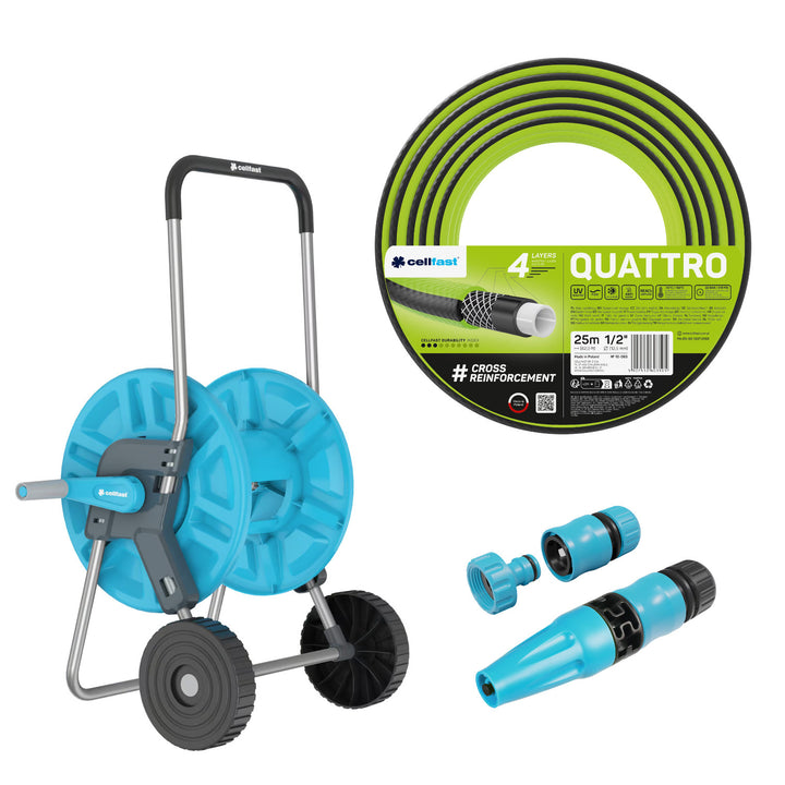 Cellfast Aluplus 1/2" 60m Hose Cart + Cellfast Quattro 1/2" 25m Garden Hose + Set with Cellfast Basic 1/2" Straight Sprinkler