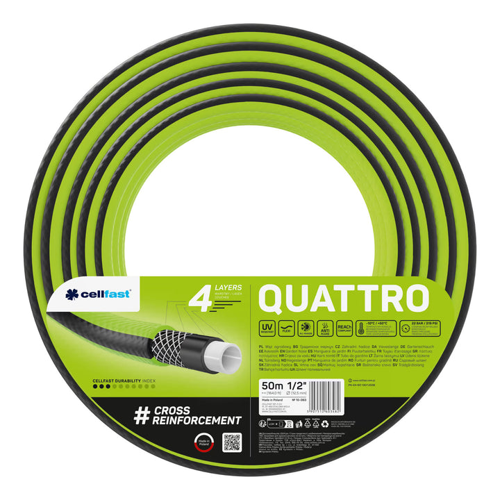 Cellfast Aluplus 1/2" 60m Hose Cart + Cellfast Quattro 1/2" 50m Garden Hose + Set with Cellfast Basic 1/2" Straight Sprinkler