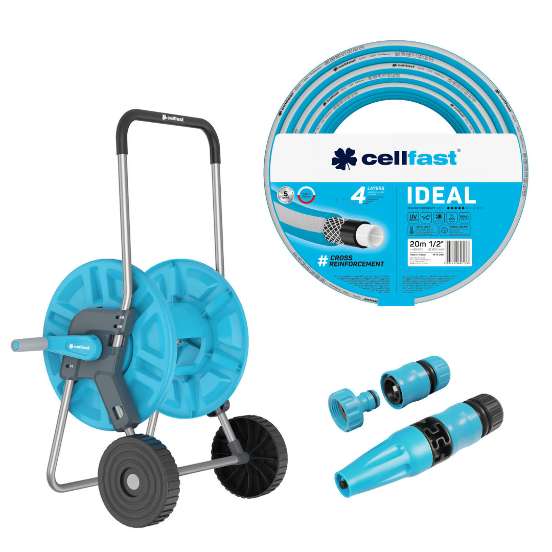 Cellfast Aluplus 1/2" 60m Hose Cart + Cellfast IDEAL 1/2" 20m Garden Hose + Set with Cellfast Basic 1/2" Straight Sprinkler