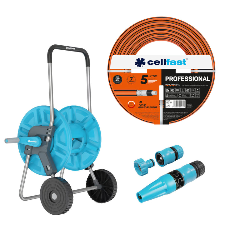 Cellfast Aluplus 1/2" 60m Hose Cart + Cellfast PROFESSIONAL 1/2" 50m Garden Hose + Cellfast Basic 1/2" Straight Sprinkler Set