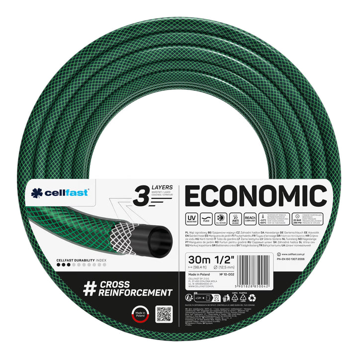 Cellfast Economic 1/2" 30m Garden Hose + Cellfast Gray Hose Hanger + Cellfast Basic 1/2" Straight Sprinkler Set