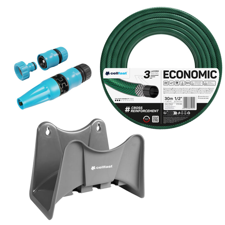 Cellfast Economic 1/2" 30m Garden Hose + Cellfast Gray Hose Hanger + Cellfast Basic 1/2" Straight Sprinkler Set