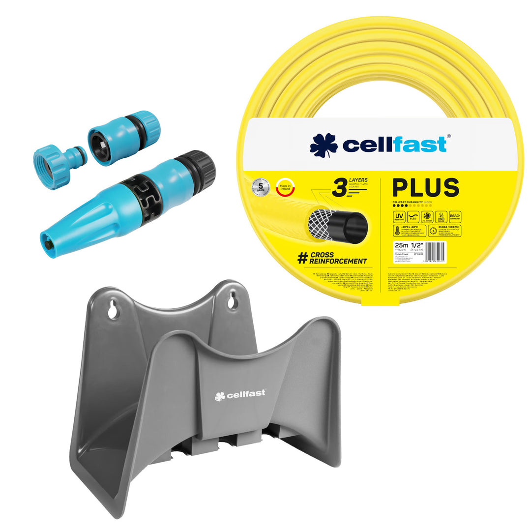 Cellfast Plus 1/2" 25m Garden Hose + Cellfast Gray Hose Hanger + Cellfast Basic 1/2" Straight Sprinkler Set