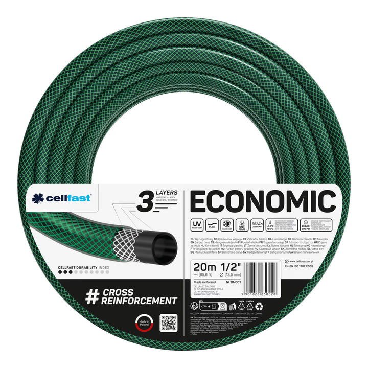 Cellfast Economic 1/2" 20m Garden Hose + Cellfast Gray Hose Hanger + Cellfast Basic 1/2" Straight Sprinkler Set