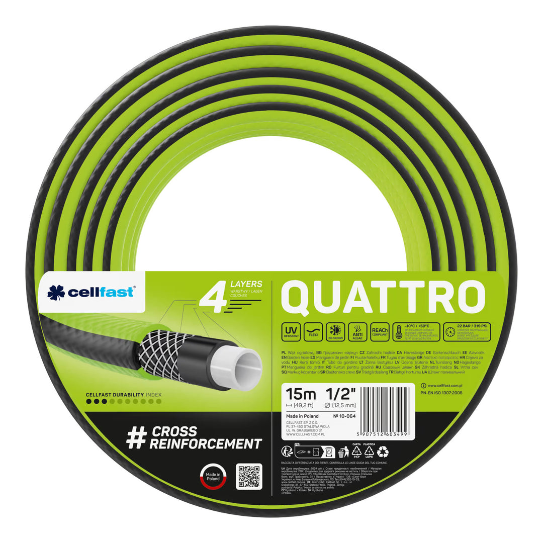 Cellfast Quattro 1/2" 15m Garden Hose + Cellfast Gray Hose Hanger + Cellfast Basic 1/2" Straight Sprinkler Set