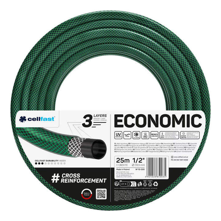 Cellfast Economic 1/2" 50m Garden Hose + Cellfast Gray Hose Hanger + Cellfast Basic 1/2" Straight Sprinkler Set