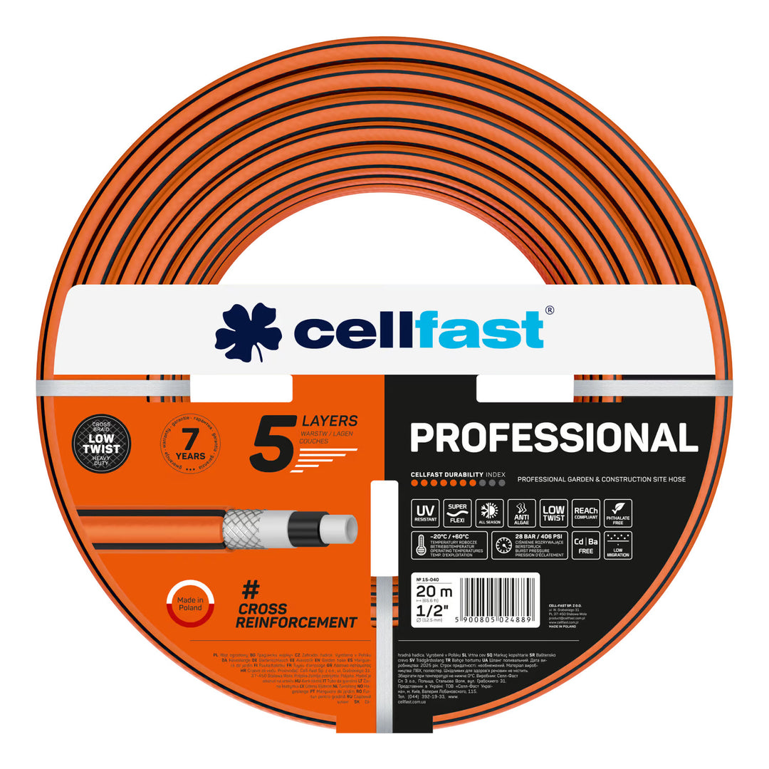 Cellfast Garden Hose, PROFESSIONAL 1/2" 20 m + Cellfast Gray Hose Hanger + Cellfast Basic 1/2" Straight Sprinkler Set
