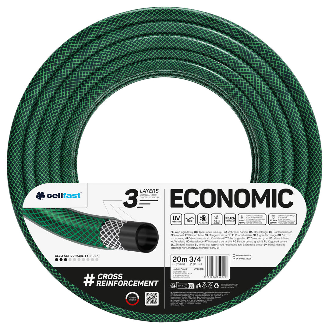 Cellfast Economic 3/4" 20m Garden Hose + Straight Sprinkler Head + 3/4" Female Threaded Connector + 3/4" Straight and Stop Quick-Connect Fitting