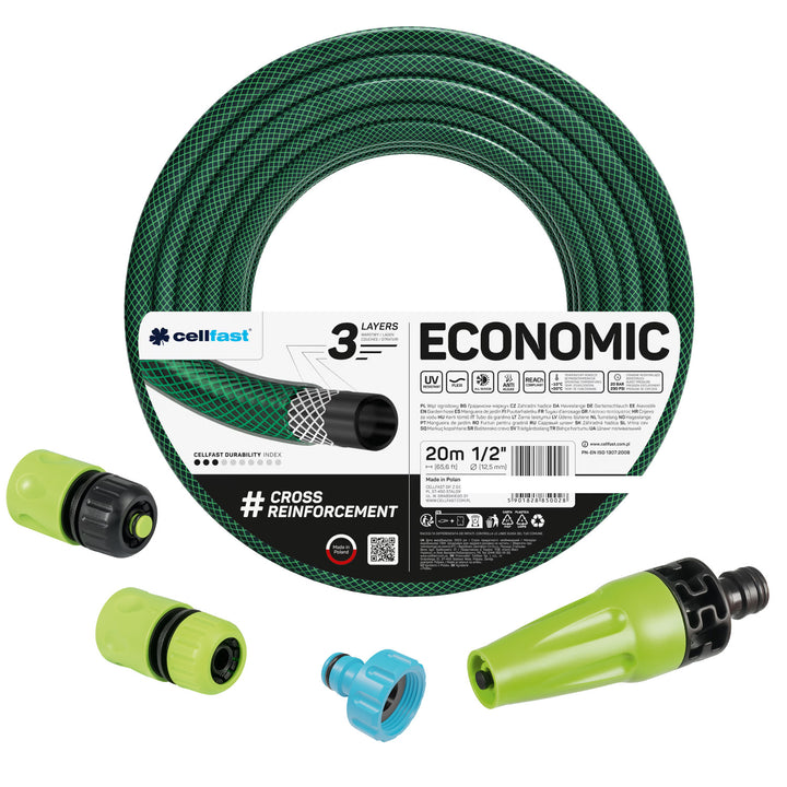 Cellfast Economic 1/2" 20m Garden Hose + Straight Sprinkler Head + 3/4" Female Threaded Connector + 1/2" Straight and Stop Quick-Connect Fitting