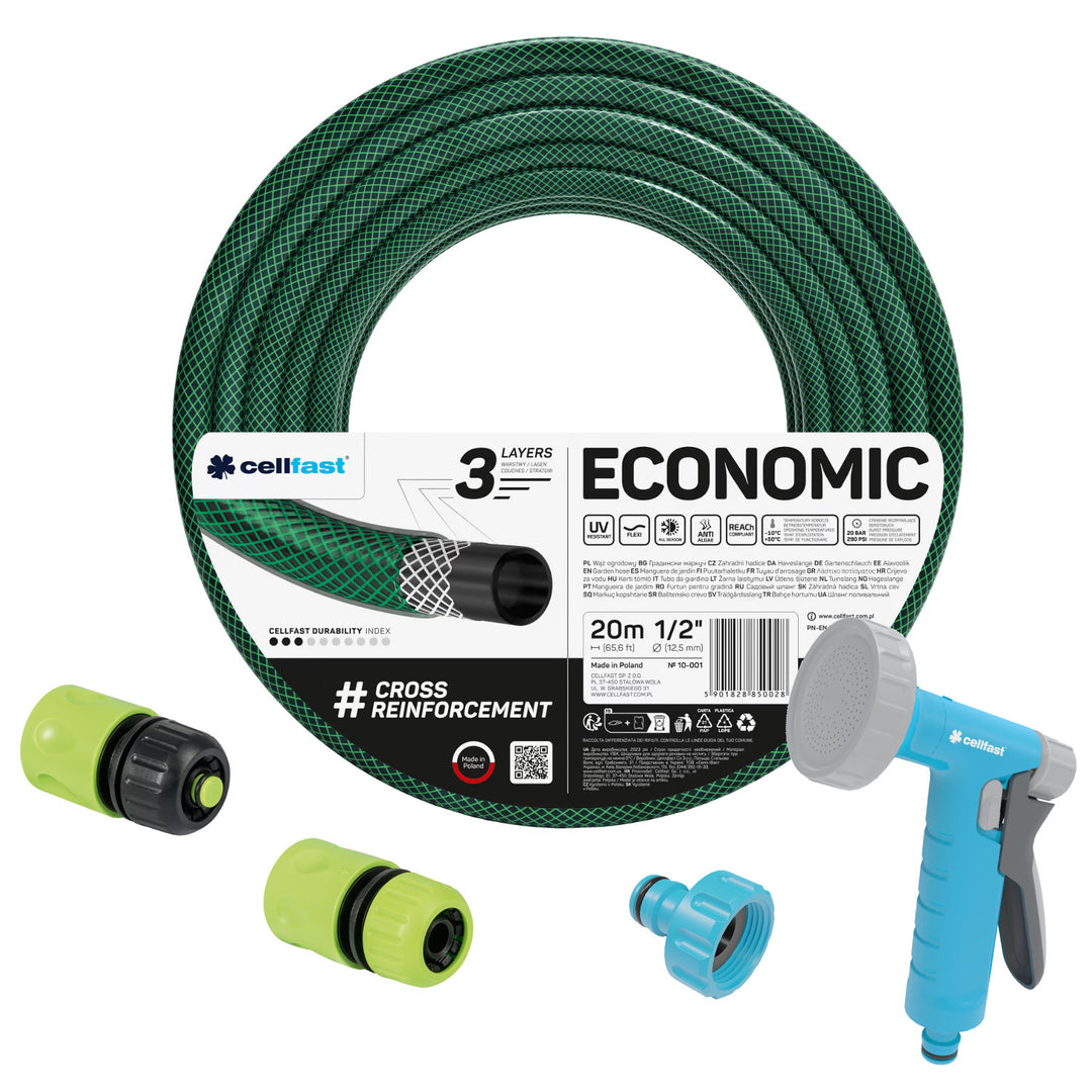 Cellfast Economic 1/2" 20-meter Garden Hose + Spray Gun + 3/4" Female Threaded Connector + 1/2" Straight and Stop Quick-Connect Fittings