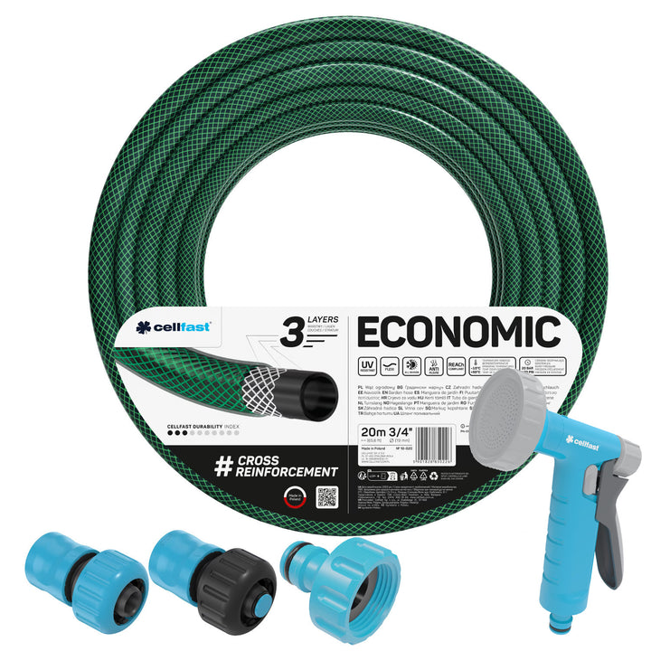Cellfast Economic 3/4" 20m Garden Hose + Spray Gun + 3/4" Female Threaded Connector + 3/4" Straight and Stop Quick-Connect Fittings
