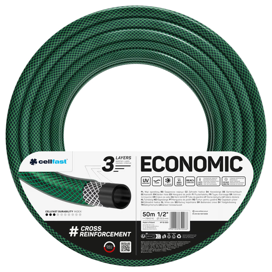 Economic 1/2" 50m Garden Hose + Stand, 3/4" Female Threaded Connector, 1/2" male threaded connector, 1/2" straight and stop quick-connect coupler + Cellfast Mix Ideal 8-function spray gun