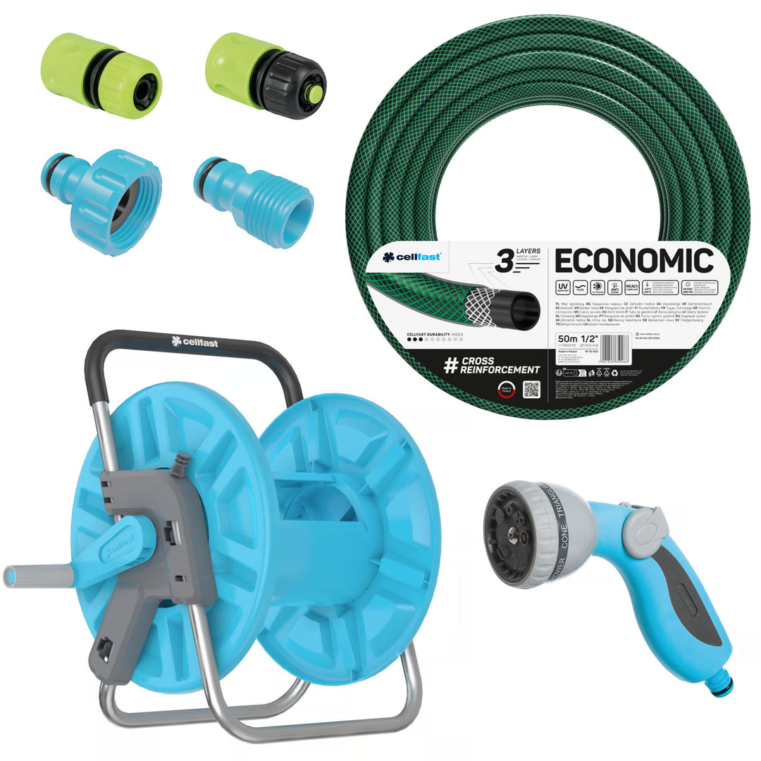 Economic 1/2" 50m Garden Hose + Stand, 3/4" Female Threaded Connector, 1/2" male threaded connector, 1/2" straight and stop quick-connect coupler + Cellfast Mix Ideal 8-function spray gun
