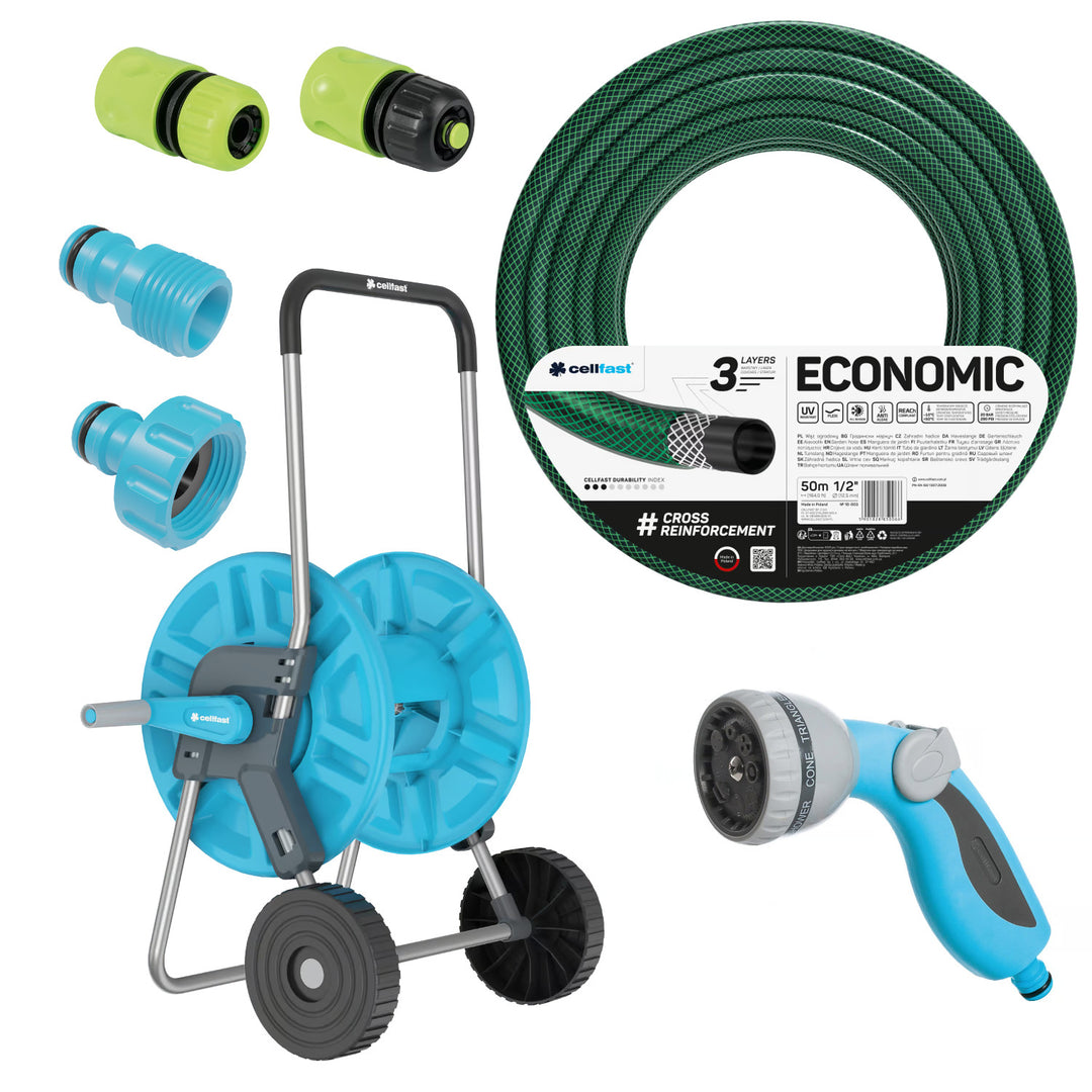 Economic 1/2" 50m Garden Hose + Cart, 3/4" Female Threaded Connector, 1/2" male threaded connector, 1/2" straight-through quick-connect and stop valve + Cellfast Mix Ideal 8-function spray gun