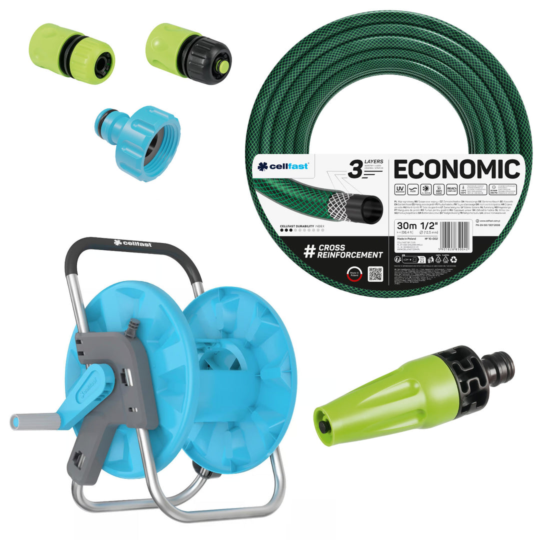 Cellfast Economic 1/2" 30m Garden Hose + Cellfast Aluplus Hose Stand + 3/4" Female Threaded Connector 3/4" + 1/2" straight quick-connect coupling + 1/2" stop quick-connect coupling + Cellfast Economic straight sprinkler