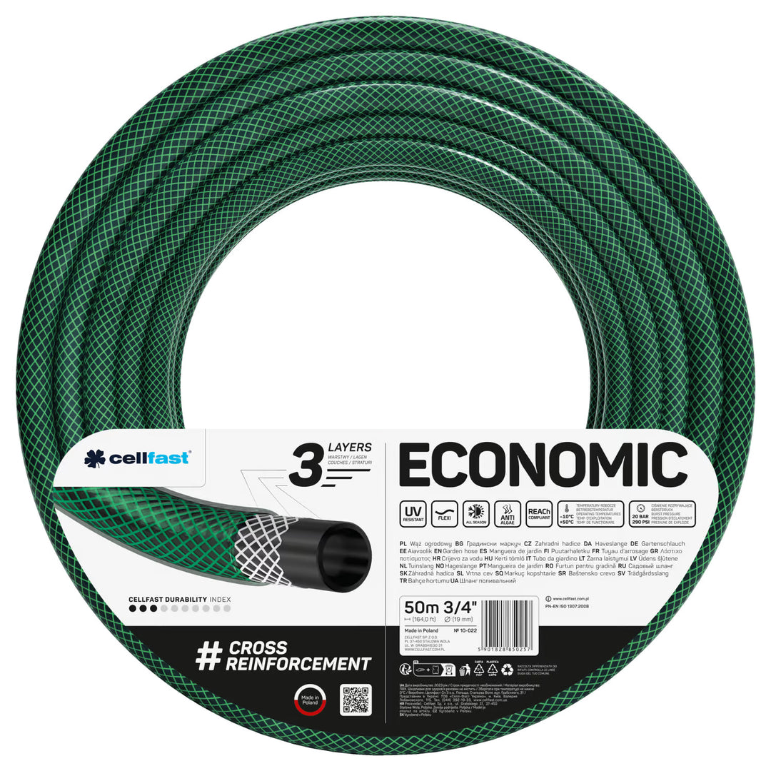 Cellfast Economic 3/4" 50m Garden Hose + Brass Quick-Connect Fitting and 3/4" Through-Fitting + 3/4" Female Threaded Connector + Rotating Sprinkler + Pistol-Style Sprinkler